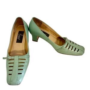 Vintage Y2K Bijou Mint Green Leather Block Heel Mary Jane Pumps Retro Pinup 9